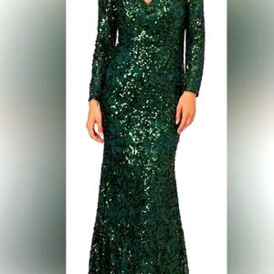 Adrianna Papell Green Sequin Long Sleeve Dress